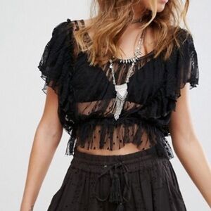 Free People Sweet Surprise Black Tulle Ruffle Crop Top in Black Size XS